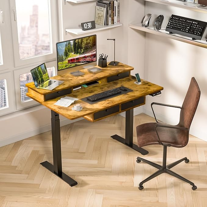Kingant Electric Standing Desk with 4 Drawers,USB Charging Ports 48"x 30" | Ergonomic Height Adjustable Large Workstation, Heavy-Duty Sit Stand Up Desk For Home Office Daily Work,Rustic Brown