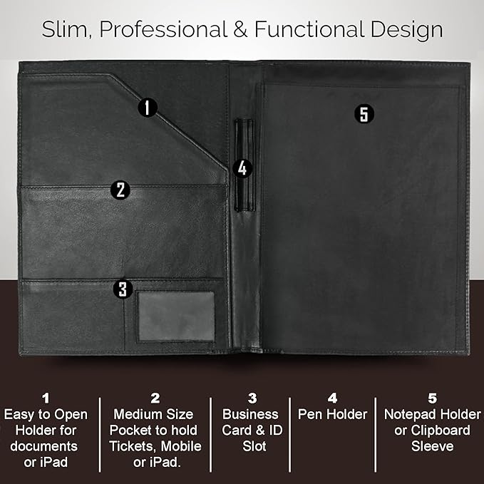 Leather Padfolio Resume Portfolios File Folder – Interviews/Legal Documents Organizer for Letter Size Writing Pad with Business Card Holder, Ideal Gift Portfolios for Men and Women (Raisin Black)