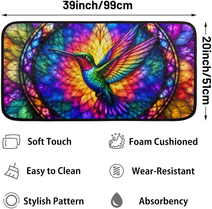 Hummingbird Kitchen Mats Cushioned Anti Fatigue Kitchen Rugs Non-Slip B-6 | Hummingbird Glass Painting Non-Slip Standing Desk Mat, Absorbent Kitchen Rug for Floor, Kitchen, Office, Sink, 20"×39"