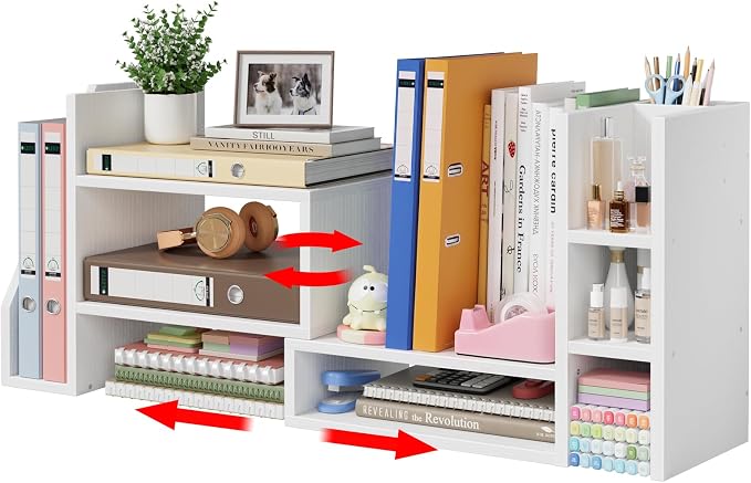 Desktop Shelf Desk Organizer File Holder - Dorm College Desk Bookshelf, Adjustable White Wood Shelving, Small Countertop Bookcase for Office Supplies, Student Study Desk & Home Organization Rack