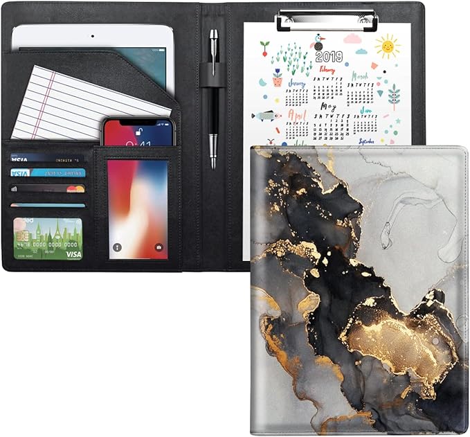 Padfolio Business/Resume Portfolio Folder, Marble Leather Interview Organizer with Legal Pad Folder Clipboard for Men/Women, Black+Gold