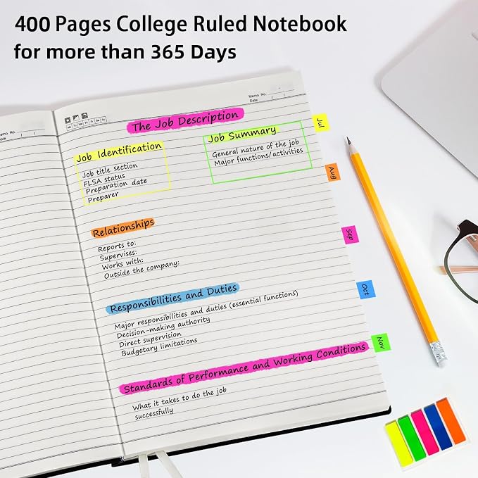 Notebook Journal, 8.5" x 11", 400 Pages College Ruled Notebook, Leather Journal for Women Men, Thick Journals for Writing, 125pcs Sticky Tabs, Inner Pocket, A4 Large Notebooks for Work School, Green