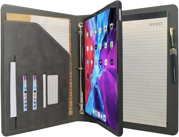 Tablet Organizer Portfolio Case with 3-Ring Binder, Binder Padfolio File Folder with Removable Tablet Holder, Compatible with 12.9-inch iPad Pro 4th/5th/6th (Gray)
