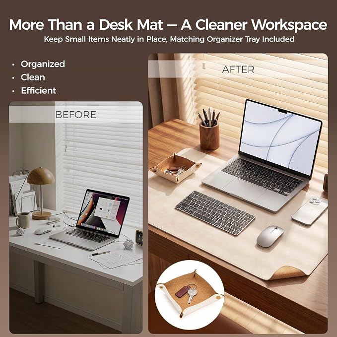 Premium Faux Leather Desk Mat & Tray Set，Innovative Cork-Look Printed Base，Gift Tube Packaging，Full-Desk Coverage，Non-Slip Desk Pad for Office Home（Ivory White）