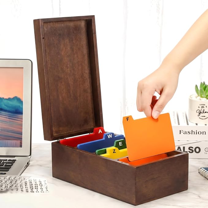 3 x 5 Inch Index Card Holder Set, Bamboo Index Cards Organizer, 50 Pcs Dividers 2 Sheets Alphabet Number Stickers File Note Holders for Office Business Classroom, Brown