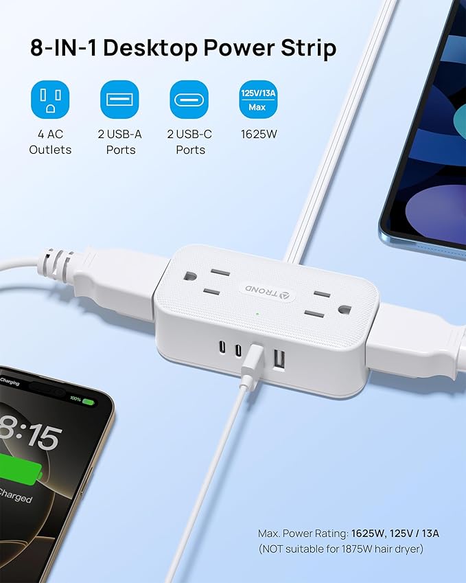TROND 360° Rotating Flat Plug Power Strip, 1.5FT Extension Cord with 4 USB Ports, 4 Wide Spaced AC Outlets, Wall Mount, 900J Surge Protector for Office Travel Dorm Room Essentials, White