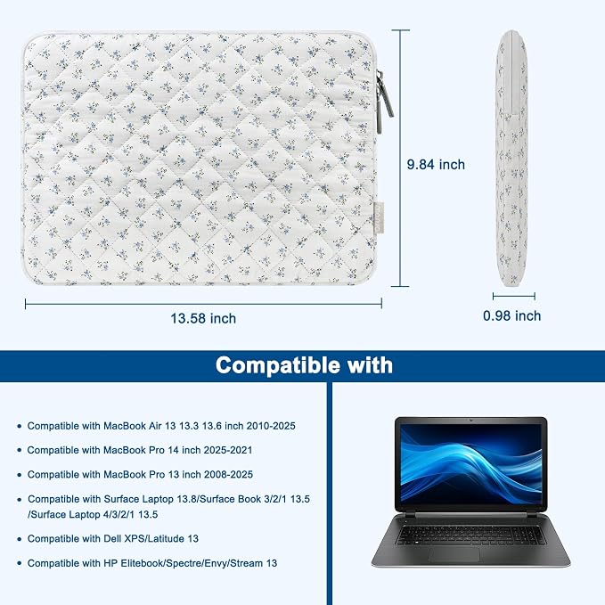 MOSISO Laptop Case 13.3 inch, 13-13.3 inch Puffy Laptop Sleeve Bag Compatible with MacBook Neo/Air 13.6/Pro 13/Pro 14, HP Dell ASUS Lenovo, Charming Floral Square Quilted Carrying Bag&Small Case, Blue