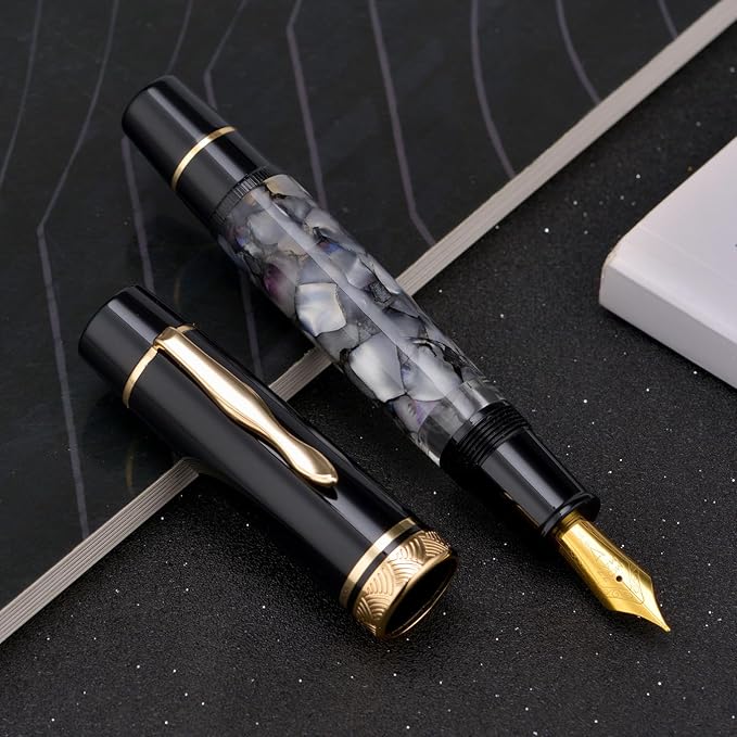 erofa Majohn P139 Fountain Pen Fine Nib Brass Piston System Large Capacity Writing Pen with Box, Gray Marble Acrylic
