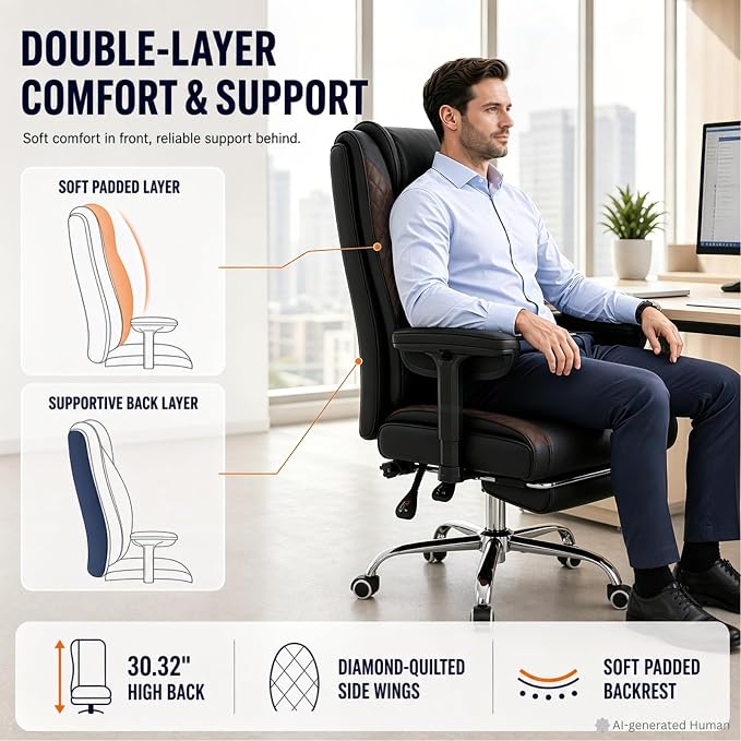 Big and Tall Office Chair，Heavy Duty Wide Executive Office Chair | Breathable Leather，Double-layered Backrest，Seat Cushion Designed of Deluxe Embroidery Leather，Foot Rest, Adjustable Armrests