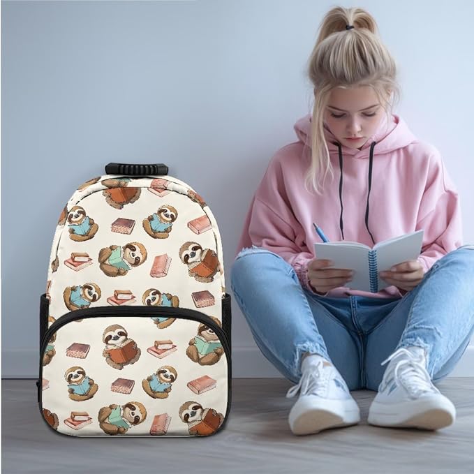 Ystardream Funny Sloth Book School Backpack for Girls Backapck with Luch Bag for Kids 17 Inch Elementary School Daypack with Zipper Pencil Case,Water Bottle Sleeve 4 in 1 Set for Little Big Kid
