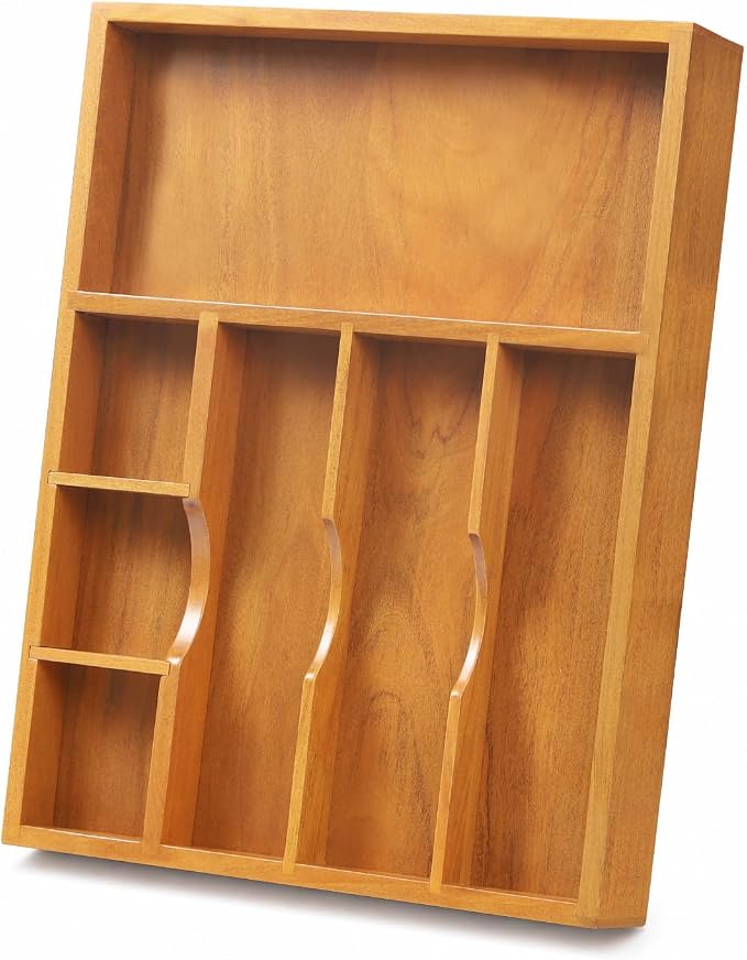 Teak Silverware Organizer For Drawer, Flatware Silverware Storage Tray | 2 Removable Drawer Dividers | Space-Saving Storage for Spoons Forks Knives | Fits 16 in drawers | (7 slots)