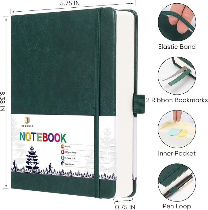 Bullet Dotted Journal Notebook - A5 Dot Grid Notebook with 280 Pages,100gsm Thick Paper,Leather Hardcover Journal for Women Men,5.75'' × 8.38''-Dark Green