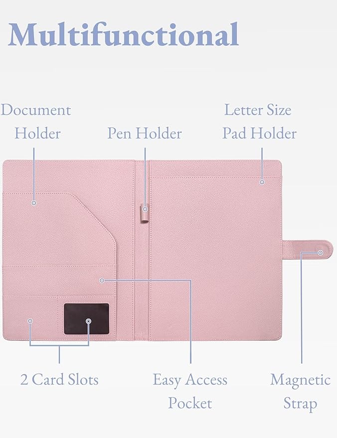 Mymazn Padfolio Portfolio Folder, Faux Leather Interview Resume Folder with Document Organizer & Business Card Holder, Letter-Sized Notepad Legal Pad Holder for Men Women (Pink)