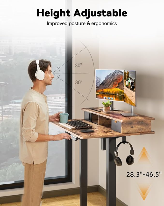 JOY worker 35" Small Electric Adjustable Desk with Monitor Stand & Drawer | Rustic Brown 35" x 25" Height Adjustable Desk for Tight Space, Shutter Door & Shelf, Sit Stand Desk with 2 Hooks, Home Office