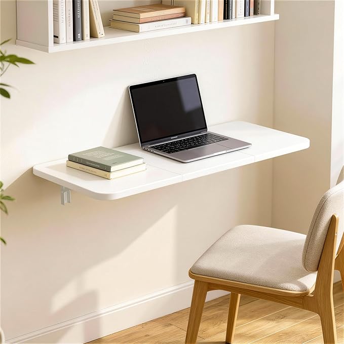 Wall Mounted Folding Desk 35.4” x 15.7”, Drop Down Table with Metal Collapsible Brackets, Folding Wall Table for Small Spaces, Home, Office, Kitchen, Laundry Room-White