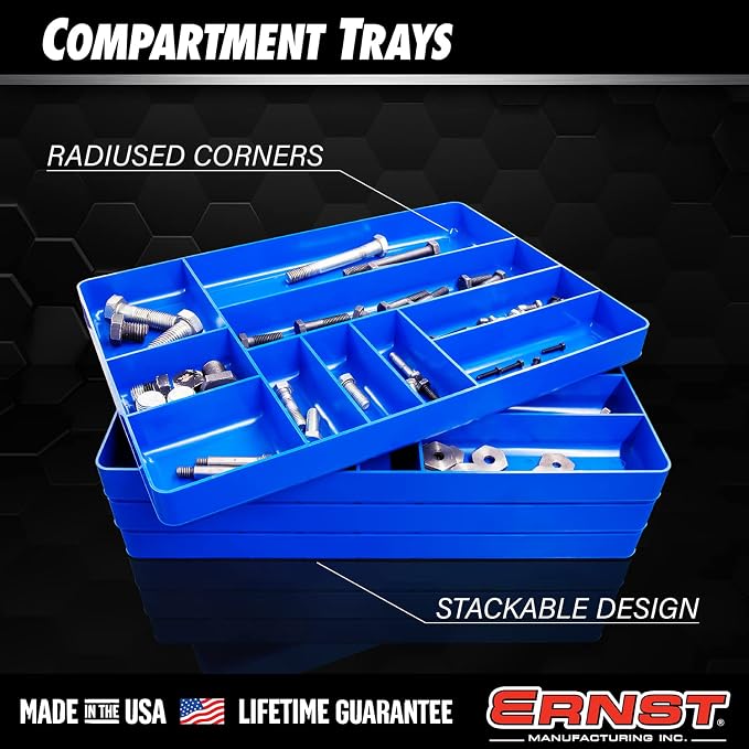 Ernst MFG 10 Compartment Drawer Organizer: Heavy Duty Stackable Tray for Automotive Garage Tool Organization - Low-Profile Toolbox Storage - Nuts and Bolts, Tools, Parts, Easy to Clean - Blue