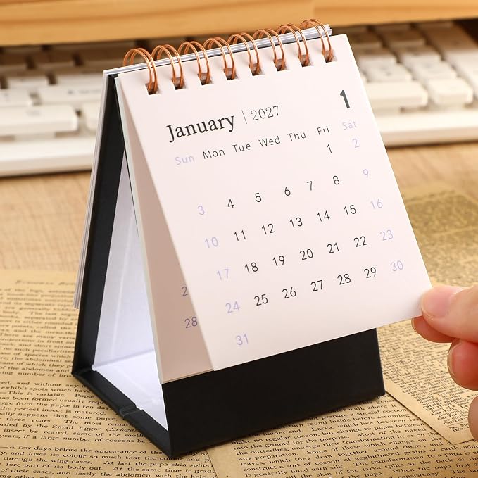 Mini Desk Calendar 2026-2027 - Use July 2026 to Dec 2027 Monthy Small Desktop Calendar 250 GSM Thick Paper Twin-Wire Binding for Home or Office (Black)