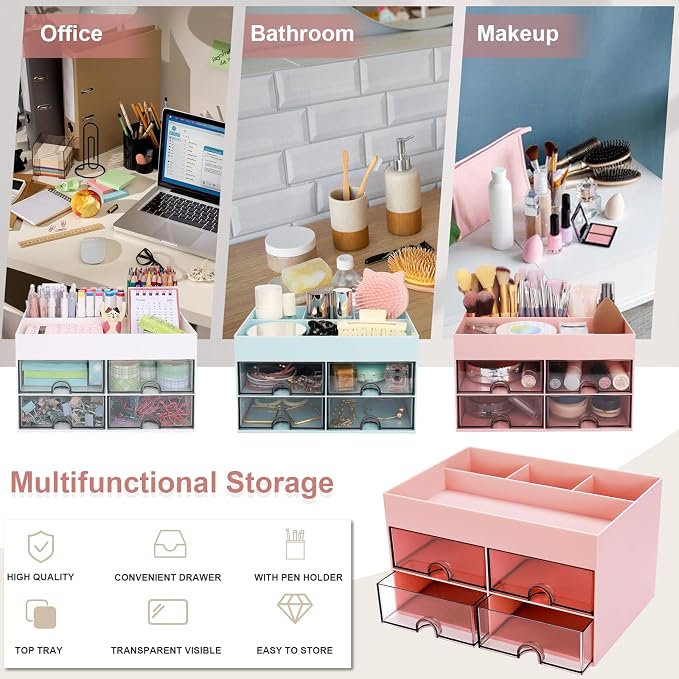Meiikun Desk Organizer, Office Organizer with Drawer, Desk Accessories & Workspace Organizers, Pen Holder Office Supplies for Desk (4 Drawers+4 Compartments, Pink)