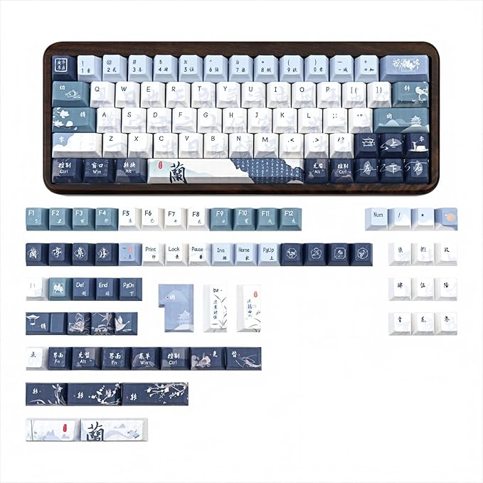 Blue White keycap 130 Key Dye Sublimation PBT keycaps Chinese Calligraphy Keycap Keycaps Cherry Profile Creamy Custom Keycap Set for 60%/65%/75%/TKL/96%/100% US Layout Mechanical Keyboard