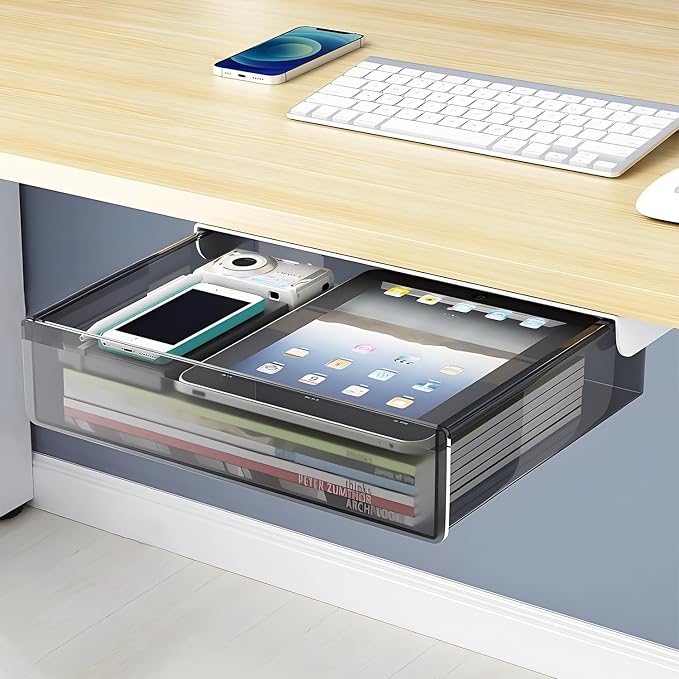 SVNNELP Large Under Desk Table Drawer Storage Organizer A4, Hidden Self-Adhesive Under Desk Pencil Tray Drawer for Office (Clear Black/L)