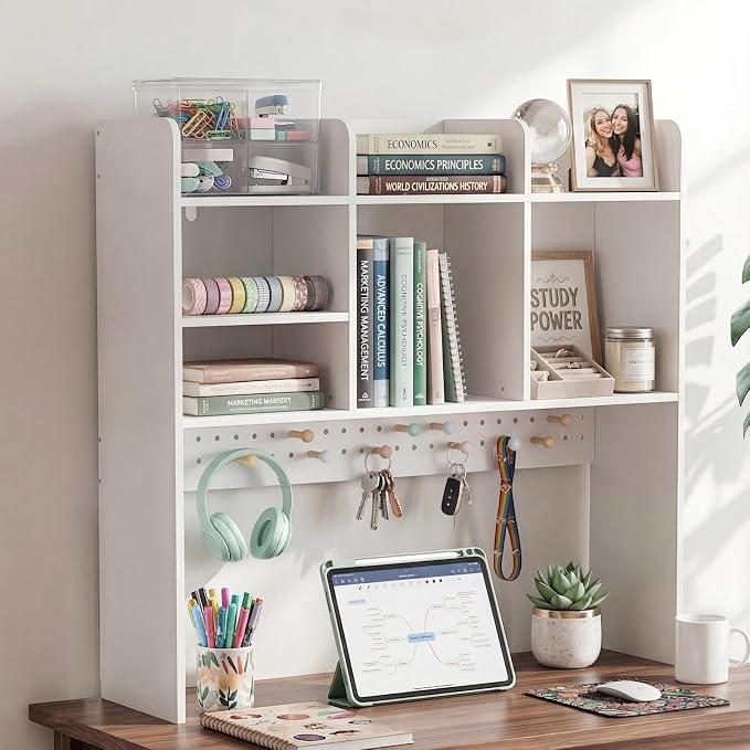 OOOK 35.8" L White Desk Hutch with Pegboard, Dorm Desk Organizer | Multipurpose Desktop Bookshelf for Dorm Office Home, 3-Tier Wooden Display Rack for Computer Desk