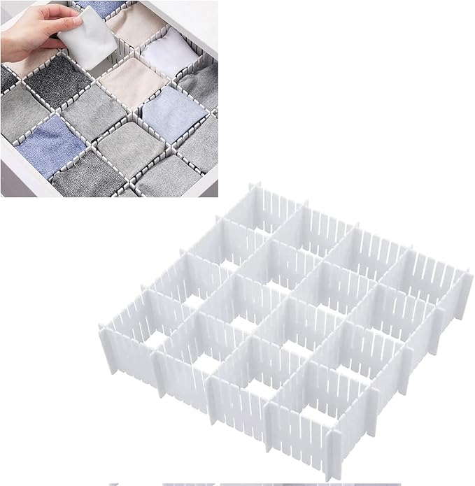 16Pcs Drawer Dividers Organizers Adjustable Drawer Organizer Kitchen Tidying DIY Storage Organizer Separator for Socks Underwear Lingerie Makeup Bedroom Office Storage (16Pcs White Color)