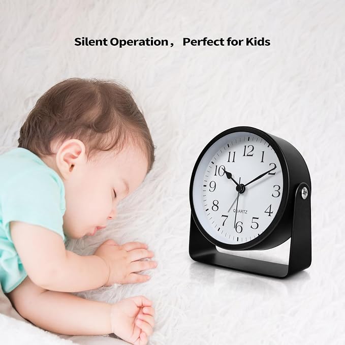 Desk Alarm Clock, Silent Non-Ticking Battery Operated Analog, Black | On-Demand Night Soft Light, 360° Rotatable, Metal Frame, for Bedroom Bedside, Shelf, Mantel, Office Desk, Travel