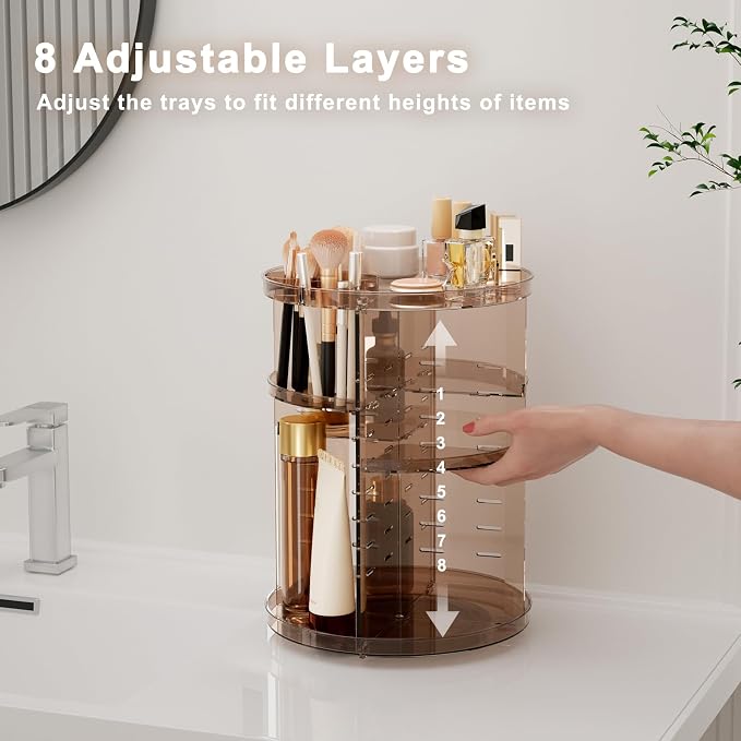 Rotating Makeup Organizer, DIY 8 Adjustable Layers Spinning Skincare Storage, Cosmetic Display Case with Brush Holder and Perfume Tray, Multi-Function Vanity Bathroom Countertop Organizer Clear Coffee