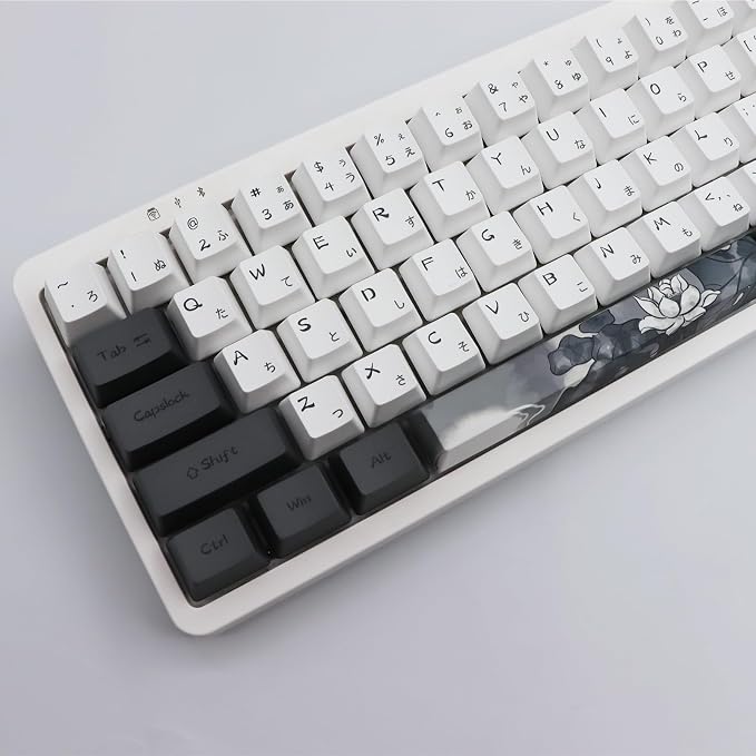 JSJT Ink Lotus Keycaps OEM Profile Japanese Keycaps 140 Keys PBT Dye Sublimation Custom Keycap Suitable for GK61/64/68/84/87/96/98 Cherry MX Switches ANSI/ISO Layout Mechanical Keyboards