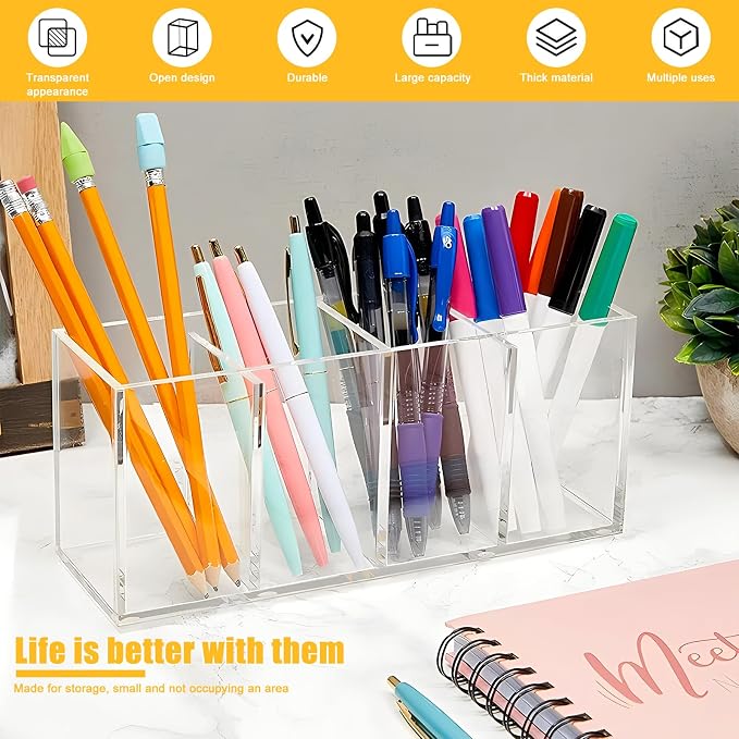 Clear Makeup Brush Organizer,Acrylic Cosmetic Brushes Storage Holder with 4 Slots,Pencil Pen Holder for Desk,Desk Organizer and Accessories for Vanity