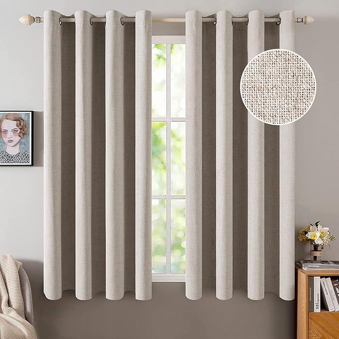 MIULEE Blackout Curtains for Bedroom Linen Texture Solid Thermal Insulated Natural Khaki Grommet Room Darkening Curtains & Drapes Luxury Decor for Living Room 52x45 Inch (2 Panels)