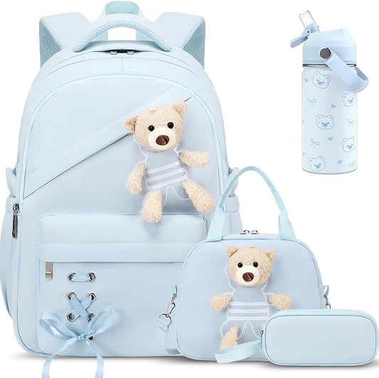 ACESAK Backpack for Girls with Insulated Water Bottle - 4 PCS Cute Girls Backpack with Lunch Box, Pencil Case & Kids Cup Set - 14oz Kids Water Bottle with Straw Set Back to School Supplies (Blue)