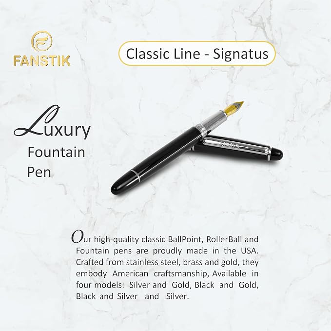 FANSTIK, Customized Fountain pen with name (MADE IN USA), stainless steel, black and silver, luxury engraved pen personalized for men and for women. (Fountain Black-Silver)