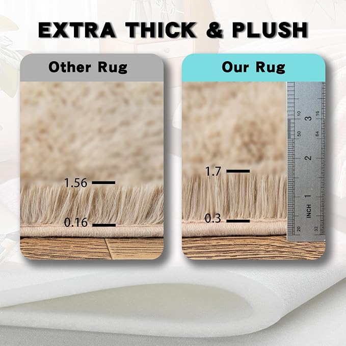 2x3 Area Rug for Bedroom, Small Rugs for Living Room Nursery Kids Room Dorm Home Decor Aesthetic, Fluffy Shaggy Rug with 4 Anti-Slip Carpet Tapes, Light Tan