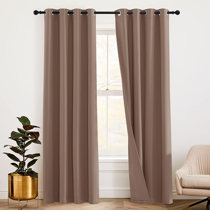 RYB HOME 3-in-1 Soundproof - Blackout - Thermal Insulation Living Room Divider Curtains, Large Bay Window Curtains for Bedroom Theatre Office Backdrop, Mocha, W 52 x L 102 inches, 2 Panels