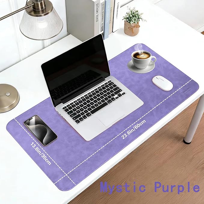 Soft Anti-Curl Faux PU Desk Mat 23.6"x13.8", Waterproof Heat Safe Non-Slip Vintage Desk Pad, Stitched Edge Wipeable Tear Resistant Desktop Protector for Work from Home Office (Purple)