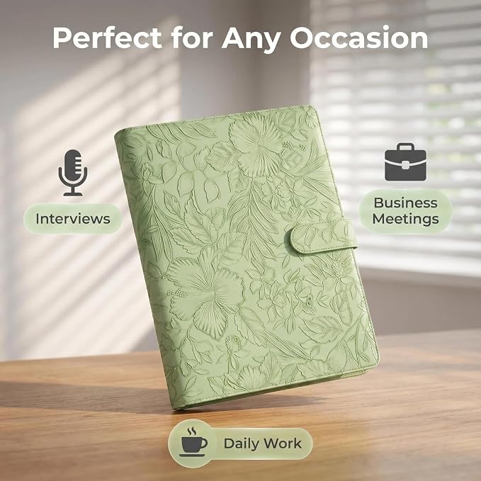Portfolio Padfolio Binder, Faux Leather Professional Document Organizer with Business Card Holder, Letter-Sized Notepad Legal Pad Holder, Durable Executive Folder for Interviews, Meeting (Green)