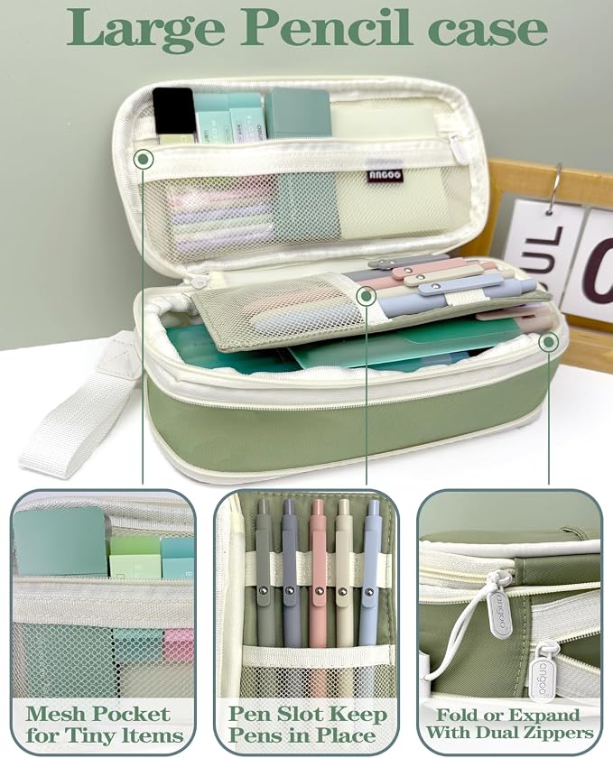 JIZHIYUAN 54PCS Aesthetic Office Supplies with Large Pencil Case,12 Pastel Highlighters,5 Black & 6 Color Ink Gel Pens, 6-in-1 Ballpoint Pen,5 Mechanical Pencils 0.5-2.0mm Stationary Set(Green)