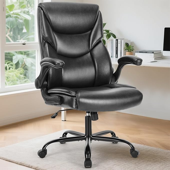 DUMOS PU Leather Office Chair - Ergonomic Executive Computer Desk Chairs with Adjustable Flip-up Armrest, Swivel Task Chair with Lumbar Support, Strong Metal Base,Inky