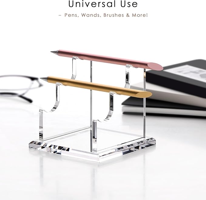 YUXUN Acrylic Pen Holder for Desk - Horizontal Three Pen Display Stand with 8mm Thick Base | Fountain Pen Rest, Apple Pencil Stand, Crystal-Clear Desk Organizer
