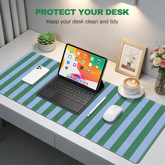 PU Leather Desk Mat,Large Desk Cover Desk Blotter Protector Computer Gaming Mouse Pad Striped Mat Table Laptop Office Desktop Accessories, Green Blue Writing Pad
