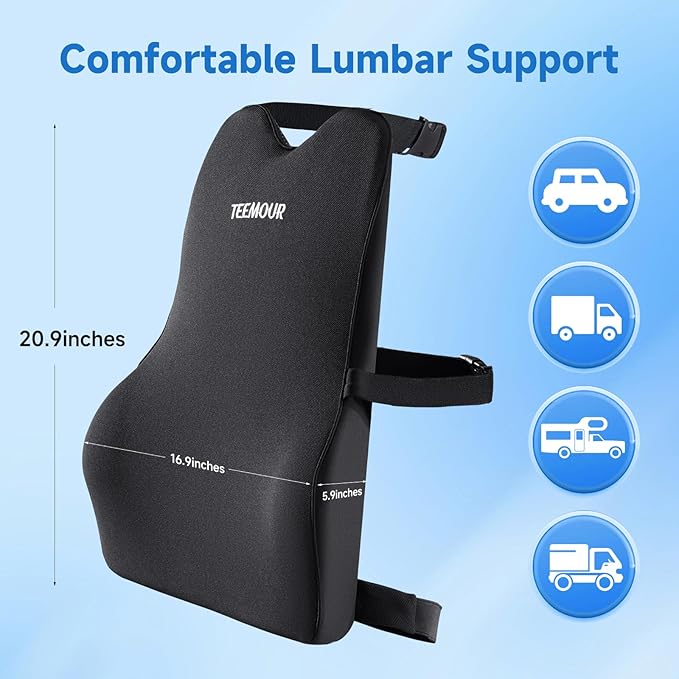 Teemour Lumbar Support Pillow for Car Seat, Memory Foam Back Support Pillow with Adjustable Straps, Medium Soft Car Back Cushion for Driving, Truck, SUV, Office Chair, Black