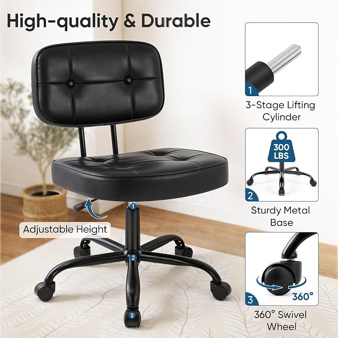 DUMOS Armless Office Desk Chair, Small Vanity Chair with Lumbar Support | PU Leather, 360° Rolling Swivel, Height Adjustable, Fit Computer Task, Bedroom Living Room, Black