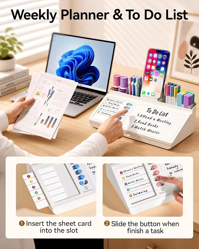 Desktop Whiteboard with Storage, White Dry Erase Board with Drawer & Phone Tray, Desk Board with Marker Holder, Memo Notepad to Do List for Home Office School Supplies - Blue