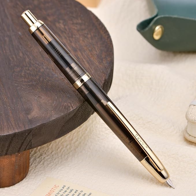 Jinhao 20 Press Fountain Pen, Transparent Black Retractable Extra Fine Nib with Ink Converter Set (Golden Clip)