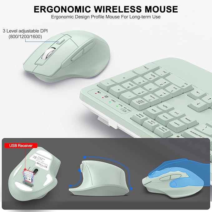 Wireless Keyboard and Mouse Combo, 2.4G Full Size Wave Keys Ergonomic Keyboard with Wrist Rest and 3-Level DPI Adjustable Wireless Ergonomic Mouse for Windows, Mac OS Desktop/Laptop/PC(Avocado Green)