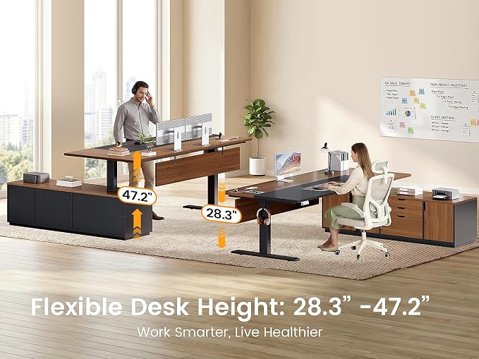 SEDETA Executive L Shaped Electric Standing Desk, 71" Height Adjustable Executive Desk with 3 Drawers and Cabinet, Sit Stand Up Home Office Desk with Power Outlets & Side Hook, Brown