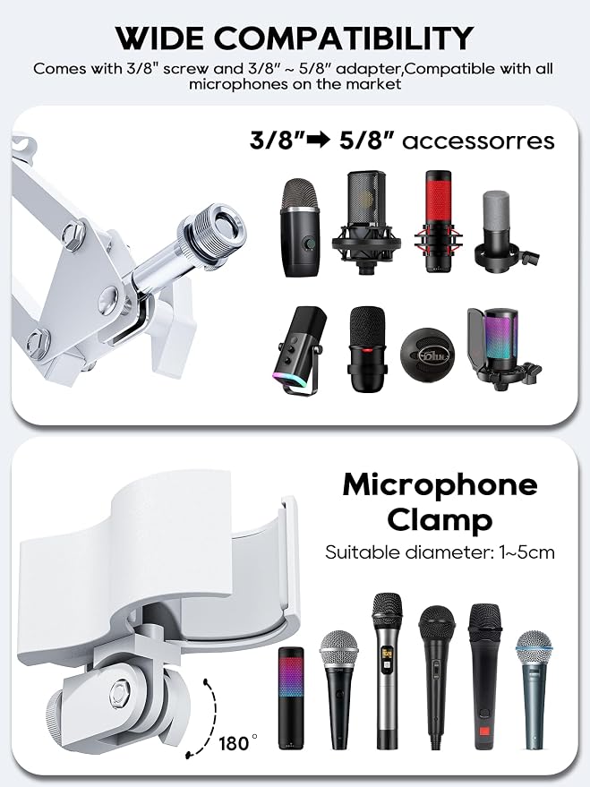 Premium White Overhead Mic Boom Arm, 15.7" Extra Tall Desk Mic Stand with 25.5" Reach, All-Aluminum Heavy Duty Microphone Arm, 1.8KG Load, 360° Adjustable for Streaming, Gaming, Podcast, YouTube