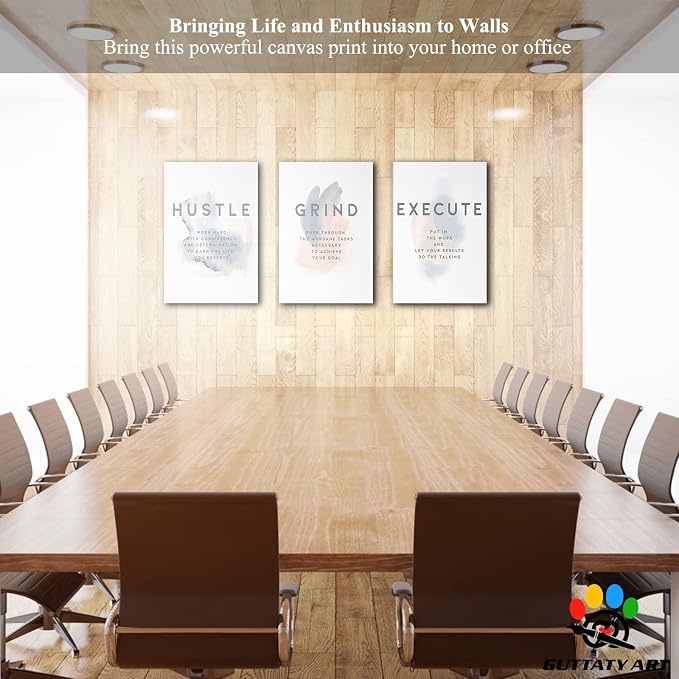 Office Wall Art - 3 Panel Motivational Wall Art, Inspirational Quotes Canvas Art for Home Office Wall Decor, Positive Quotes Wall Decor, Entrepreneur Grind Hustle Execution Poster Frame (20”x30”x3Pcs)