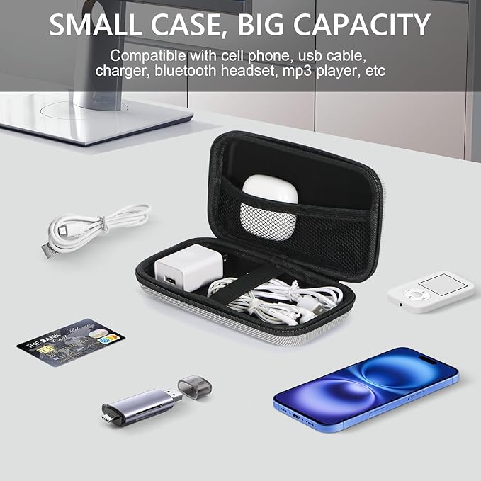 Portable Protection Hard EVA Travel Carrying Case with Mesh Pocket, Shockproof Exterior - Universal Small Electronic Tech Zipper Bag Pouch Organizer for Cell Phone, Charger, Cord, Cable - Silver